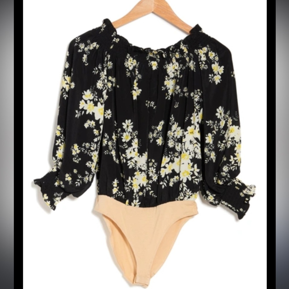 Wayf Black Floral Off The Shoulder Bodysuit, XS